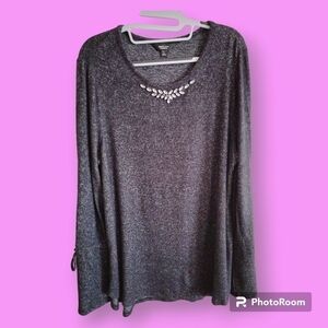 Simply Vera Wang Grey Sweater Embellished Rhinestone Neckline Size Large